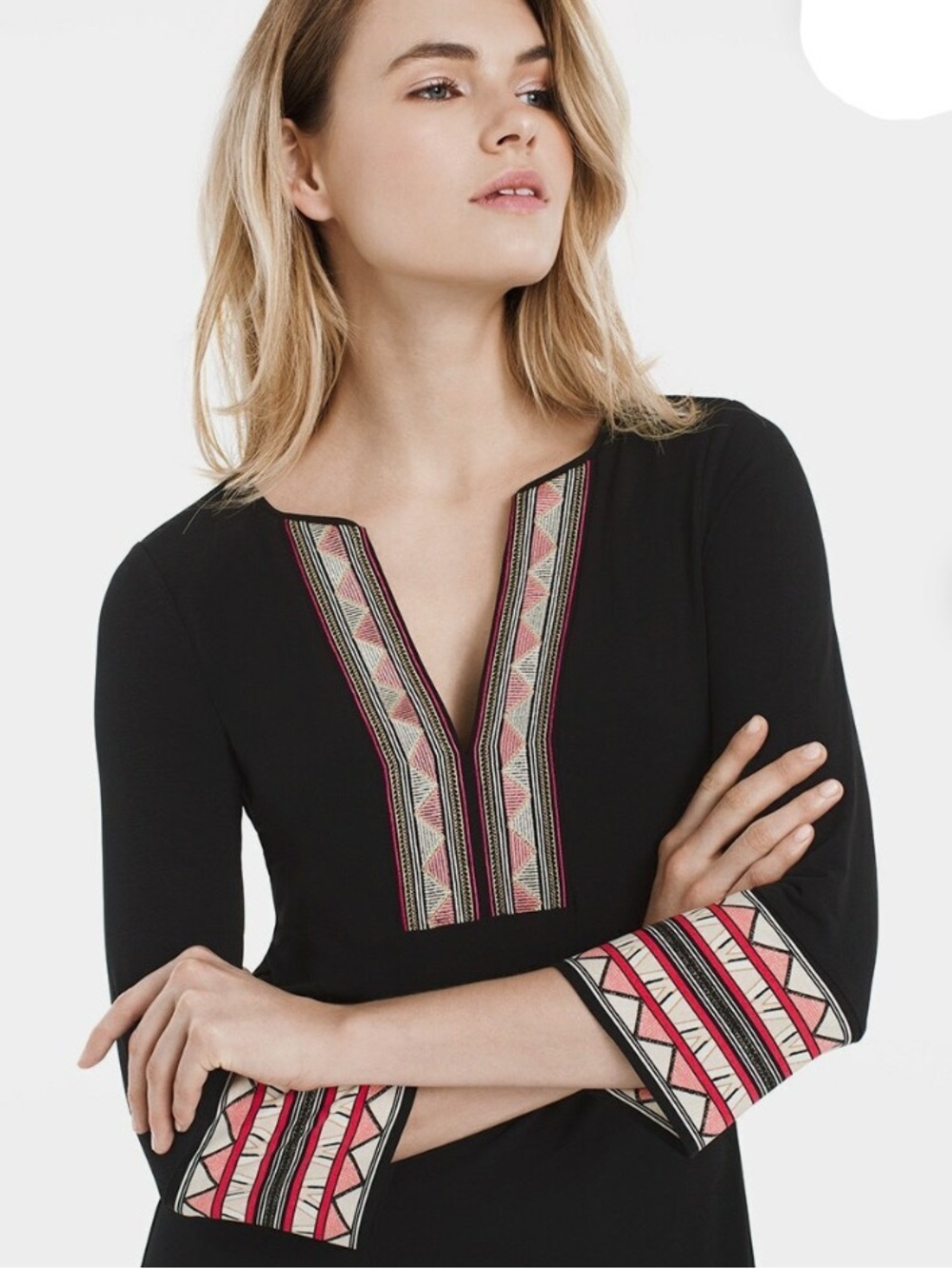 White House Black Market Black Tunic with Pink and Cream Embroidery